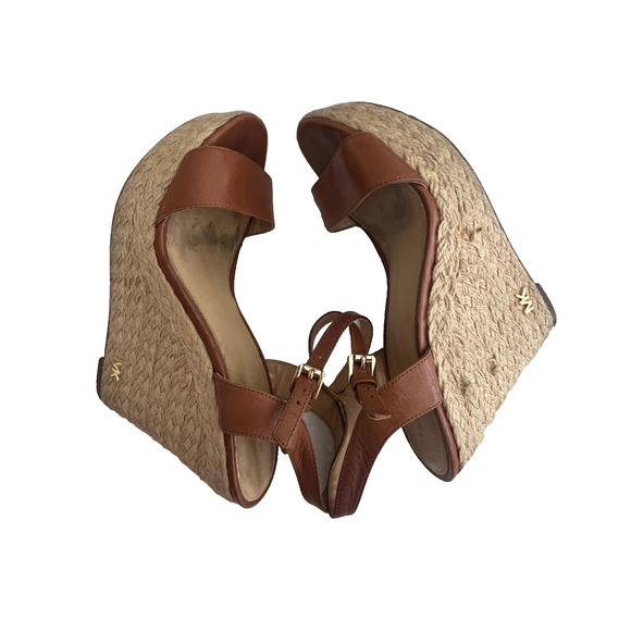 Michael Kors Espadrille Wedge Womens Cognac Leather Ankle Strap Buckle Size 8M - Picture 6 of 7